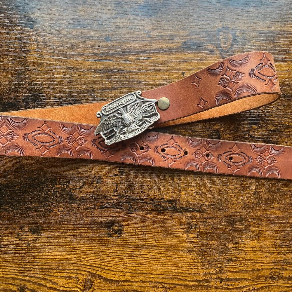 Vintage 1976 Western Tooled Leather Belt with Eagle Buckle Unisex - Picture 7 of 12